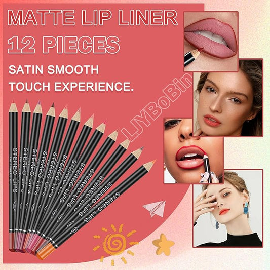 12 Colors Matte Lip Liner Pencil Set - Velvet Smooth, Long Lasting, High Pigmented Brown Lip Liner - Waterproof & Fade Resistant - Professional Makeup Gift Set for Women