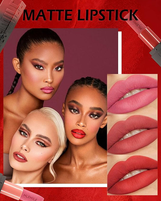 3 Pcs Matte Lipstick for Women Set,Rose Pink Nude Pink Bright Red Nude Matte Lipstick Long-Lasting Lip Makeup,Waterproof Smudge Proof Velvet Lip Gloss 24 Hours Lip Stick Lip Color Gift for Girls-Set A
