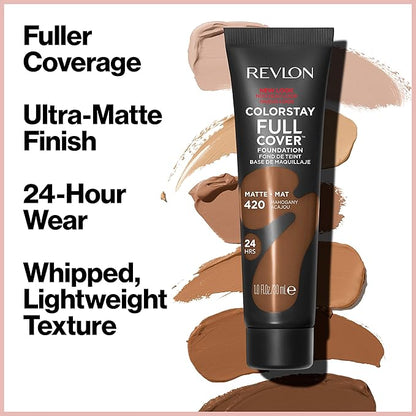Revlon ColorStay Full Cover Longwear Matte Foundation, Heat & Sweat Resistant Lightweight Face Makeup, Almond (405), 1.0 oz