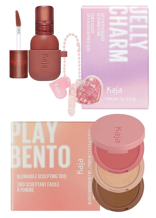 Kaja Lip & Blush Glazed Keychain Stain - Jelly Charm 05 Peach Fizz + 3-in-1 Blendable Sculpting Trio - Play Bento 02 Cloud Latte Bundle