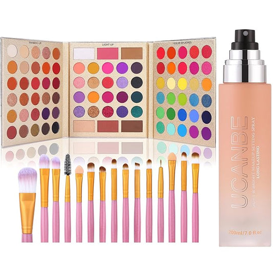 UCANBE Dewy Makeup Setting Spray + 86 Colors Eyeshadow Palette with 15pcs Makeup Brushes Set Matte Glitter Long Lasting Highly Pigmented Waterproof Contour Blush Powder Highlighter