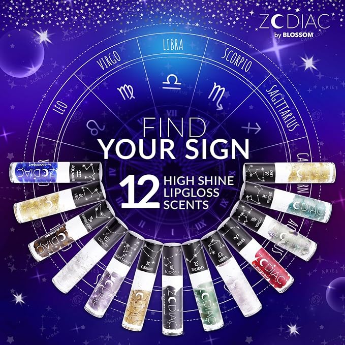 Blossom Lip Gloss Zodiac Sign Vanilla Scented Roll-On Lip Gloss, Moisturizing + Hydrating with Zodiac Crystals, Made in USA, 0.20oz, Libra