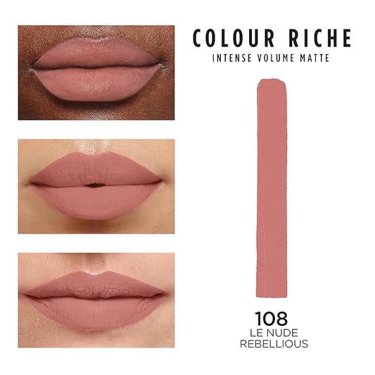 L'Oreal Paris Colour Riche Intense Volume Matte Lipstick, Lip Makeup Infused with Hyaluronic Acid for up to 16HR Wear, Le Nude Rebellious, 0.06 Oz