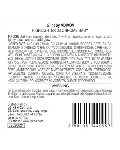 Glint Dewy Highlighter (Chrome Baby, 0.08oz) - Luminous Glow, Infused with Micropearls, Shiny Illuminator. Rich Pigment & Silky Touch, Korean Makeup.