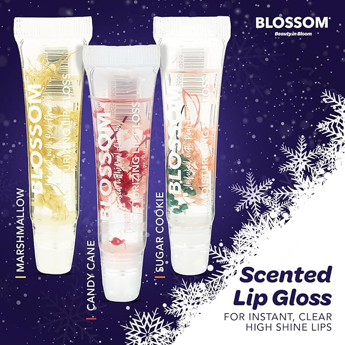 Blossom Lip Gloss Tubes, Marshmallow Scented Thick Clear High Shine Moisturizing Flower Lip Gel with Nourishing Jojoba Seed Oil, Infused with Real Flowers, 0.3oz, Marshmallow
