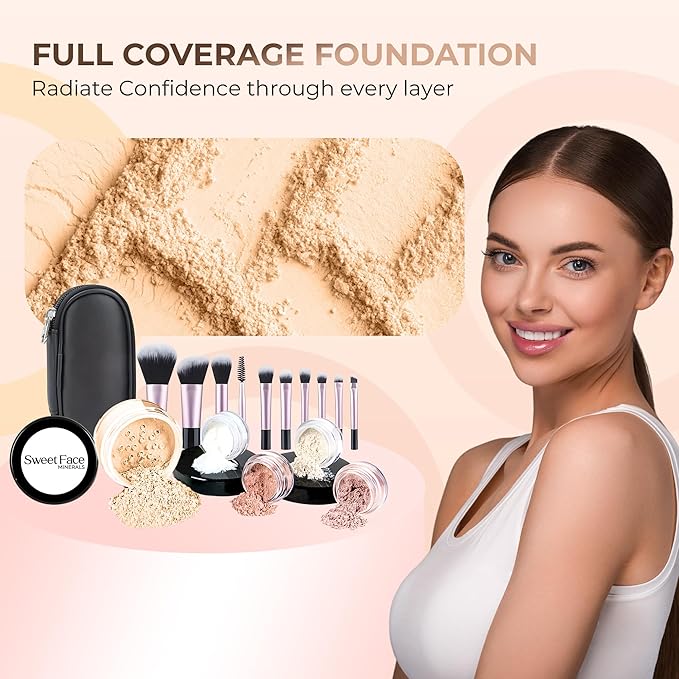 16pc STARTER KIT with 10 BRUSHES SET (FAIR 1) Mineral Makeup Bare Face Loose Powder Includes Matte Foundation, Veil Primer, Blush, Bronzer, Translucent Finishing Setting Powder SPF 30 Travel Size