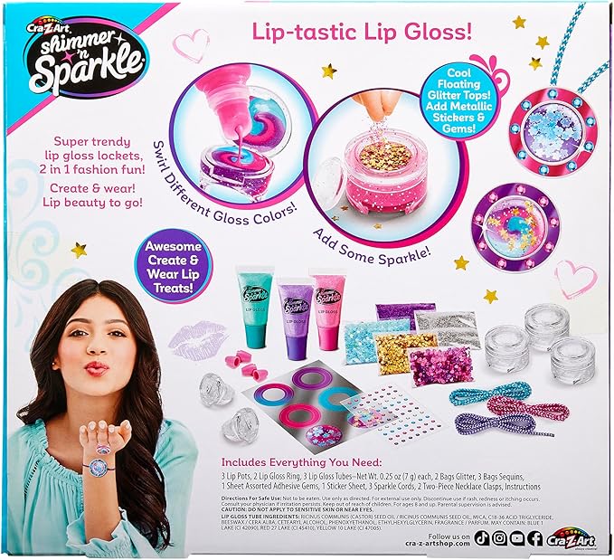 Cra-Z-Art Shimmer 'n Sparkle Glitter & Gem Lip Gloss Lockets DIY Activity Set, DIY Lip Gloss Maker, Birthday for Ages 8 and Up