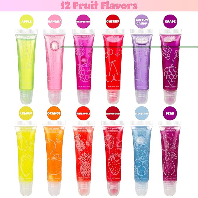 Expressions 12 pc Lip Gloss Set, Flavored Lipgloss Squeeze Tubes with Carrying Case, Lip Gloss Set Value Pack, Assorted Fruit Flavored Lip Glosses, Kid-Friendly Non Toxic Makeup (12)
