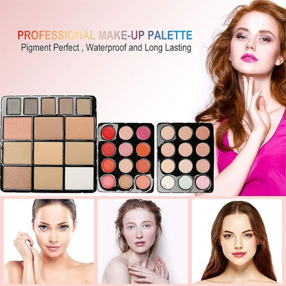 All in One Makeup Kit for Women Full Kit Girls Makeup Gift Sets Xmas Essential Bundle Include Eyeshadow Palette Lipstick Blush Concealer Eyeliner Mascara Foundation Brush Eyebrow Pencil