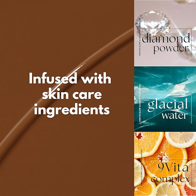 Toktok Glow Cushion Foundation, Dark Shades for melanin beauties, provides buildable coverage with luminous finish with diamond powder, glacial water, and vitamin(#12 MOCHA, 0.42 Fl Oz)