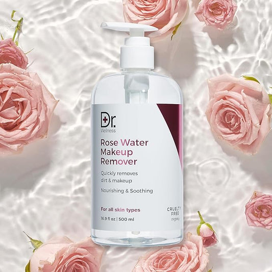 Dr. Wellness Rose Water Makeup Remover - 16.9 fl oz / 500ml, Cruelty-Free & Vegan, Gentle Formula for Effective Makeup Removal, Rose Blossom
