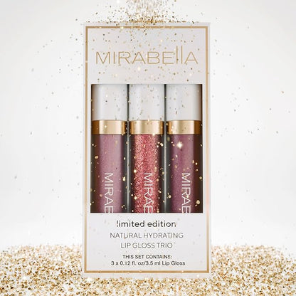 Mirabella 3 Pack Lip Gloss Trio - Highly Pigmented Shimmer Lip Gloss Non Sticky with Hydrating Medical Grade Lanolin for Chapped Lips, Lip Gloss for Women Set of 3 Shades