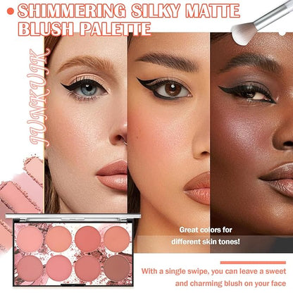 8 Colors Blush Palette,Shimmer Silky Matte Blush Powder Palette,Professional Cute Face Contour Highlighter Blush Palette with Blush Makeup Brush