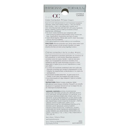 Physicians Formula Super CC+ Cream Color-Correction + Care Cream Full Coverage Light Foundation, Anti Aging Hydrating Serum, For Uneven Skin Tone, Dermatologist Approved