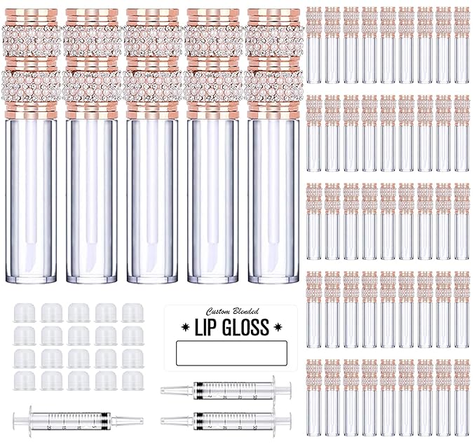 AMORIX 50 Pack Pearl Diamond Lip Gloss Tubes with Wand 5ml Empty Lip Gloss Containers Cute Lipgloss Bottles Crystal Lip Gloss Supplies Kit + 3pcs Syringes + Labels for DIY Lip Gloss Base