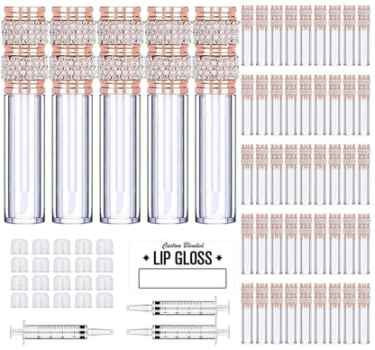 AMORIX 50 Pack Pearl Diamond Lip Gloss Tubes with Wand 5ml Empty Lip Gloss Containers Cute Lipgloss Bottles Crystal Lip Gloss Supplies Kit + 3pcs Syringes + Labels for DIY Lip Gloss Base