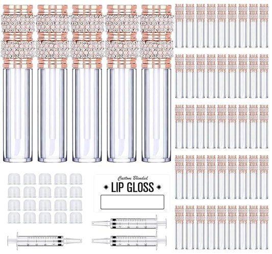 AMORIX 50 Pack Pearl Diamond Lip Gloss Tubes with Wand 5ml Empty Lip Gloss Containers Cute Lipgloss Bottles Crystal Lip Gloss Supplies Kit + 3pcs Syringes + Labels for DIY Lip Gloss Base