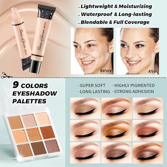 Makeup Kit for Teens Girls Women, Travel & Portable Makeup Set, Cosmetic Bundle with Foundation, Eyeshadow, Lipstick, Eyeliner & Mascara