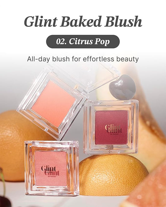 Glint Baked Blush (Citrus Pop, 0.08oz) - Long-Lasting, All-Day Face Blush Powder for a Natural Look. Korean Skin Care, Korean Makeup. Blendable Color for Eyes, Cheeks & Body.