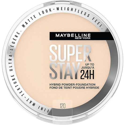 Maybelline Super Stay Up to 24HR Hybrid Powder-Foundation, Medium-to-Full Coverage Makeup, Matte Finish, 120, 1 Count