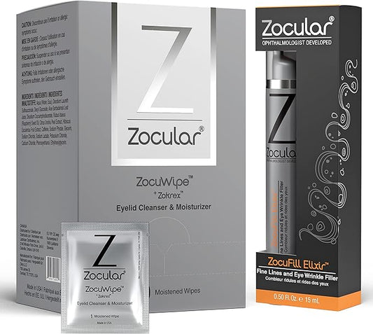 Zocuwipe Eyelid Wipes with Okra Complex - Eyelid Cleanser and Moisturizer Pads 40ct + Zocufill Elixir Eye Gel and Face Serum