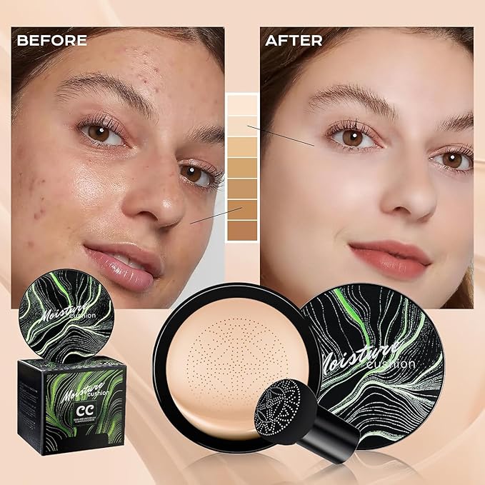 Mushroom Head Air Cushion CC Cream - BB Cream Foundation Makeup Moisturizing Concealer Long-Lasting, Cushion Foundation Full Coverage Self Adjusting for Mature Skin & All Skin Types (Nude)