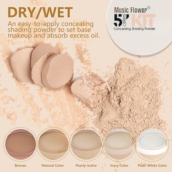 5 Colors Long-Lasting Lightweight Multi-layer Matte Loose Setting Powder Pressed Face Makeup Concealing Shading Powder Foundation for All Skin Tones, Minimizes Fine Lines & Imperfections