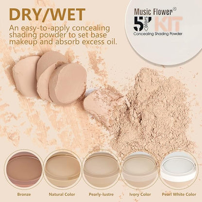 Pure Vie 5 Colors Long-Lasting Lightweight Multi-layer Matte Loose Setting Powder Face Makeup Contour Palette Concealing Shading Powder Foundation for Minimizes Pores & Perfects Skin