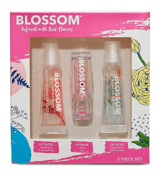 Blossom Scented Moisturizing Lip Gloss Tubes + pH Color Change Crystal Lip Balm, Infused with Real Flowers, 0.9 fl. oz/27ml, 3 pack Full Size Gift Set, Strawberry/Pink/Watermelon