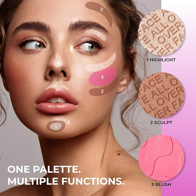 All-Over Face Contour Palette - 4-in-1 Blush, Highlighter & Contour Makeup Kit - Face Sculpting Makeup Palette with Powder Formula - Blendable, Buildable Texture - 02 Medium/Warm, 11.5g, 0.4oz