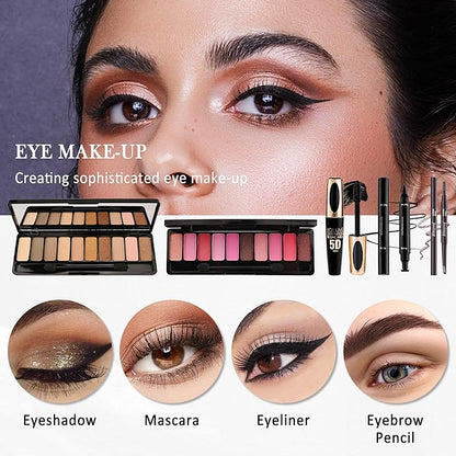 All in One Makeup Set Kit for Women Full Kit,Makeup Gift Kit with Everything,Mascara Eyebrow Eyeliner Eyeshadow Foundation Lipstick Blush Highlighter,Women's Day Makeup Gift for Women Girl-Set A