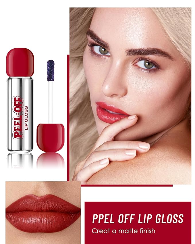 Peel Off Lip Stain, Matte Nude Liquid Lip Stain Peel Off Lip Liner Tattoo Non Stick Lip Gloss, Long Lasting Waterproof Red Lip Tint Lipstick Intense Lip Color Highly Pigmented for Women Lip Makeup-02