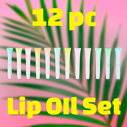 12pc Lip Oil Set - Flavored Lip Oils Value Pack, Hydrating Lip Oils w/Squeeze Tube Application, Moisturizing Lip Oil Collection for Everyday Lip Care and Lip Repair (FRUITS)