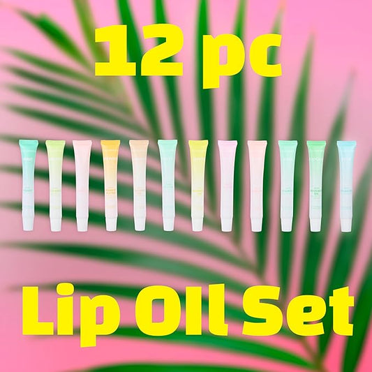 12pc Lip Oil Set - Flavored Lip Oils Value Pack, Hydrating Lip Oils w/Squeeze Tube Application, Moisturizing Lip Oil Collection for Everyday Lip Care and Lip Repair (FRUITS)