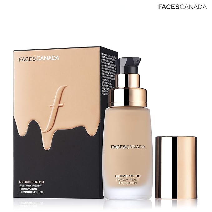 Faces Canada HD Runway Ready Foundation, Red Orange Extract & Gold particles, High Coverage, Oil-Free, Flawless Radiance, Vegan & Cruelty Free, Paraben Free, Beige 03 (Beige), 1.01 Fl Oz