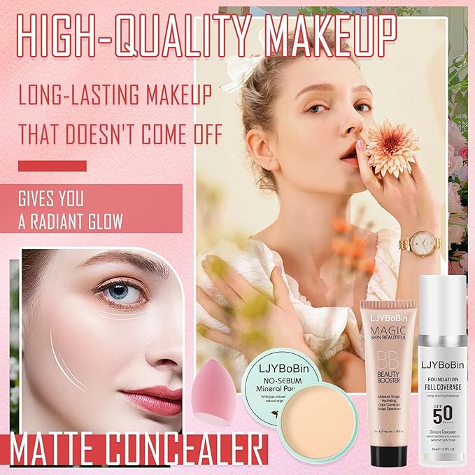 4PCS Full Coverage Foundation Set,Waterproof Long Lasting Moisturizing Color Changing Foundation,Hydrating BB Cream,Translucent Matte Loose Setting Powder Face Base Makeup Set with Makeup Sponge