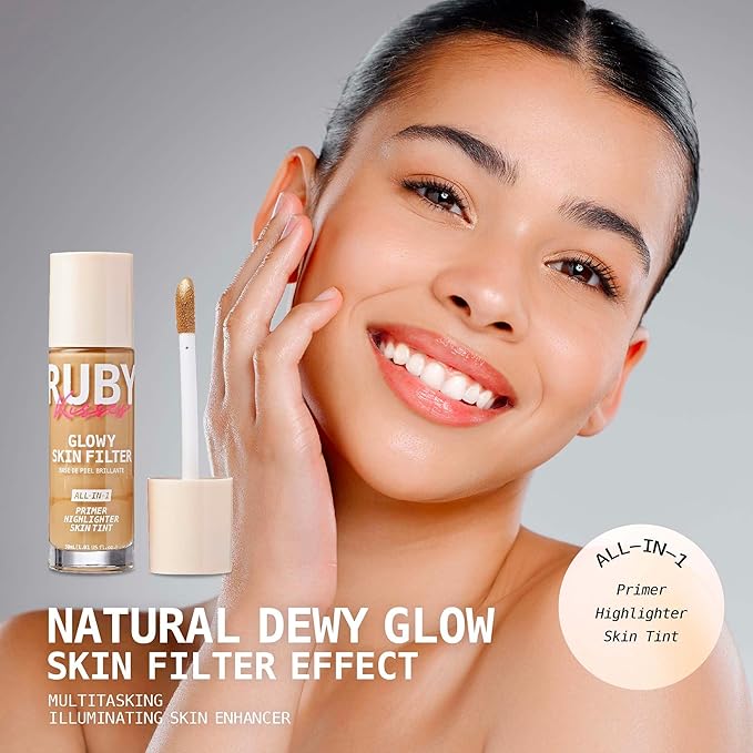 Ruby Kisses Glowy Skin Filter Foundation - All-in-1 Primer, Skin Tint & Highlighter, Hydrating Light Coverage with Squalane, Natural Dewy Finish, Luminous & Radiant Glow (Golden Medium)