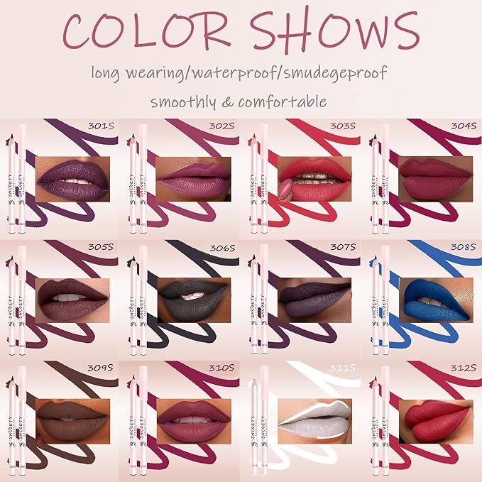 12 Colors Matte Lip Liner Pencil Set, 12Pcs Creamy Nude Lip Liner, Smooth Long Lasting Waterproof High Pigmented Lip Makeup Pencil