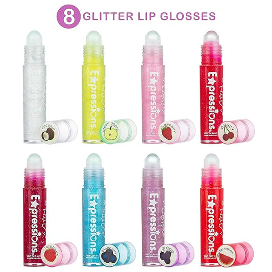 Expressions 8pc Roller-Ball Glitter Lip Gloss Set, 8 Assorted Fruit Flavored Roll On Rollerball Lip Gloss for Kids, Safe, Non Toxic Kids Makeup Set
