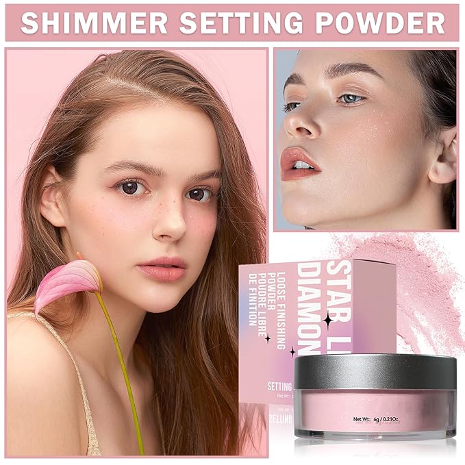Pink Translucent Setting Powder Shimmer Glitter Loose Setting Powder Oil Control Matte Finishing Setting Face Powder Makeup for All Skin Tones