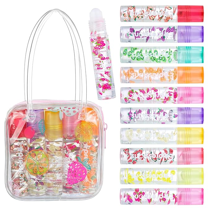 Expressions 10pc Roll On Lip Gloss Set with Carrying Case, 10-Pack Glossy Lip Makeup - Assorted Fruity Flavors, Non Toxic, Kid Friendly, Party Gift, Best Friends