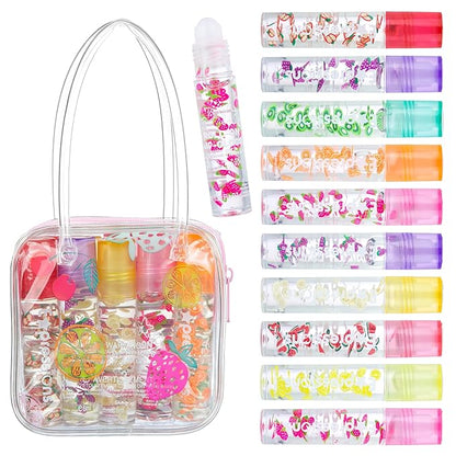 Expressions 10pc Roll On Lip Gloss Set with Carrying Case, 10-Pack Glossy Lip Makeup - Assorted Fruity Flavors, Non Toxic, Kid Friendly, Party Gift, Best Friends