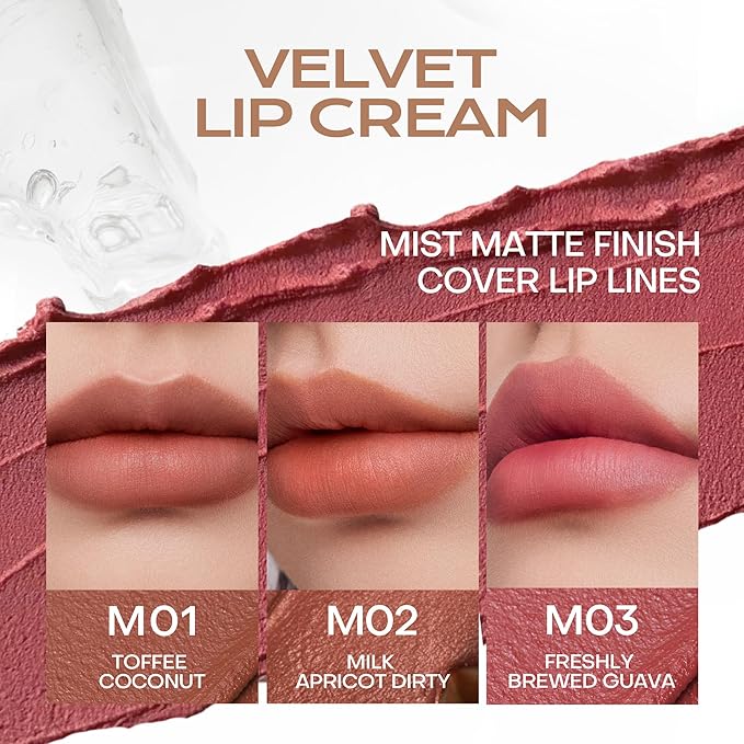 Mistine Cream Lip Gloss Thai latte Long Lasting Lip Gloss Non-sticky Silk Smooth Mist Matte Finish Lip Tint Gloss M01 Toffee Coconut 0.1 fl oz 1 Count