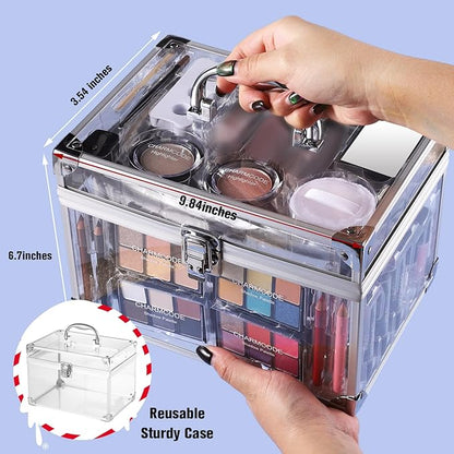 Makeup Kit for Women Full Kit - Eyeshadow Palette, Lipsticks, Lipgloss, Blushes, Contour, Highlighters, Makeup Pencil, False Eyelashes, Re-usable Train Case Gift Set for Teen Girls Starters Pros