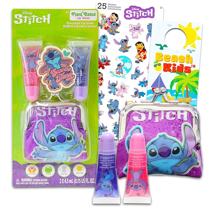 Stitch Lip Gloss Tubes - Bundle with 2 Lilo & Stitch Lip Gloss in Assorted Flavors for Party Favors Plus Coin Purse, Stickers, More | Lilo & Stitch Party Favors