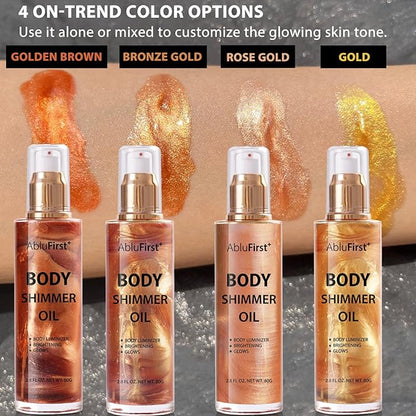 Shimmer Body Oil 4 Colors Face Glitter Summer Body Makeup Moisturizing Light Shimmering Glow Non-Sticky Party Luminizer and Illuminator Smooth (2.8 Fl Oz Pack of 1, Golden Brown)