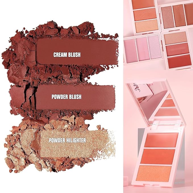 3D Blush Palette, Multi-Use Shimmery Contour Powder Palette Face Contour Cheeks Lightweight Smooth Blendable Blush Highlighter Powder Beauty, Natural Shimmery Or Matte Finish, #02 Orange
