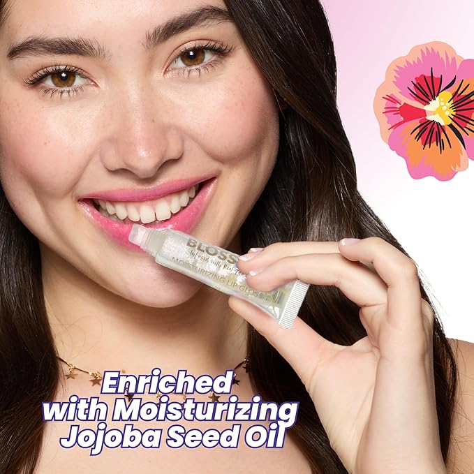 Blossom Lip Gloss Tubes, Marshmallow Scented Thick Clear High Shine Moisturizing Flower Lip Gel with Nourishing Jojoba Seed Oil, Infused with Real Flowers, 0.3oz, Marshmallow