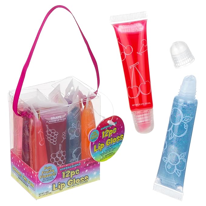 Expressions 24pc Lip Gloss Set, Flavored Lipgloss Squeeze Tubes with Carrying Case, Lip Gloss Set Value Pack, Assorted Fruit Flavored Lip Glosses, Kid-Friendly Non Toxic Makeup
