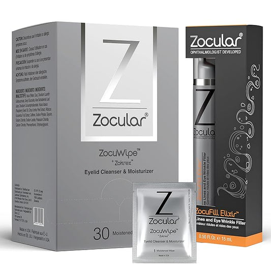 Zocuwipe Eyelid Wipes with Okra Complex - Eyelid Cleanser and Moisturizer Pads 30ct + Zocufill Elixir Eye Gel and Face Serum